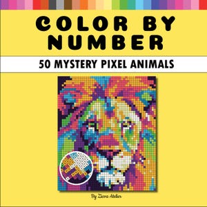 50 Mystery Pixel Color by Number Pages Printable Digital Coloring Book for Adults & Teens Mosaic Art PDF Instant Download Animal Portrait