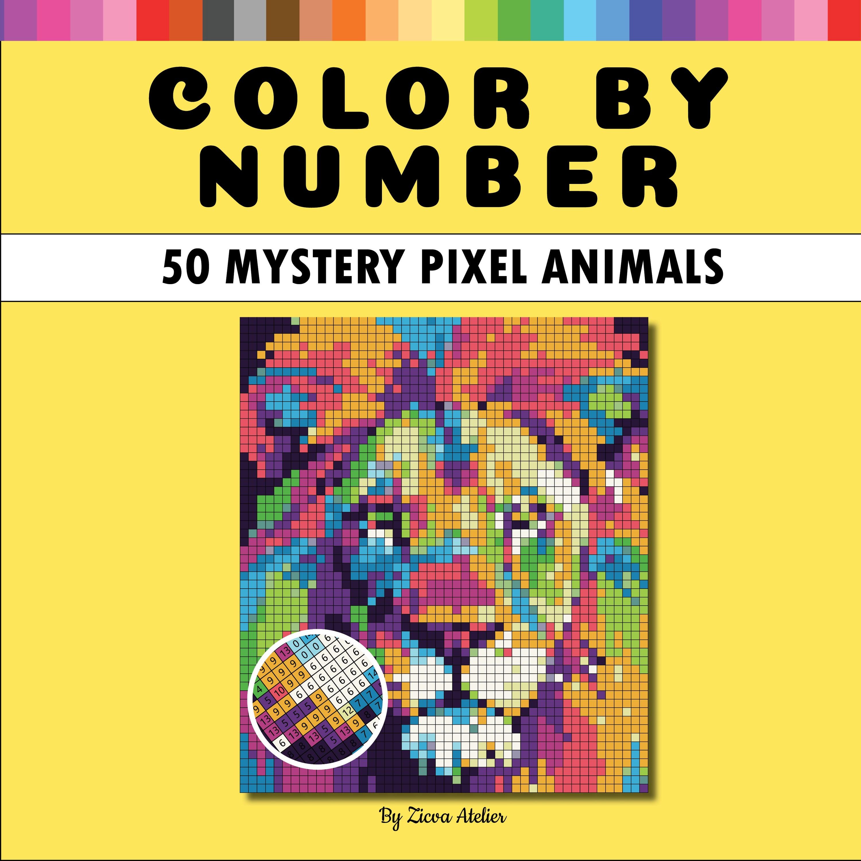 50 Mystery Pixel Color by Number Pages – Printable Mosaic Art PDF for Adults & Teens, Animal Portraits, Instant Download