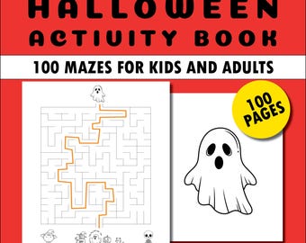 Pode incluir: Um livro de atividades de Halloween com 100 labirintos para crianças e adultos. A capa vermelha tem o título em preto. O livro inclui um labirinto e uma ilustração de fantasma. Um círculo amarelo indica 100 páginas.