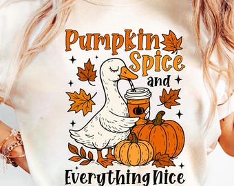 Pumpkin Spice and Everything Nice PNG, Fall Sublimation, Funny Autumn Duck with Coffee, Cozy Pumpkin Latte Quote, Vintage Thanksgiving Png