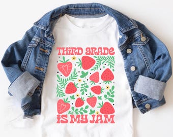 Third Grade Is My Jam SVG PNG, Cute Strawberry Back to School Shirt Design, 3rd Grade Student Teacher Outfit, Strawberry Jam Svg Gift Idea.