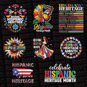May include: A selection of vibrant designs celebrating Hispanic Heritage Month. The images feature floral arrangements, a woman in a dress with flags, and text that reads "National Hispanic Heritage" and "Celebrate Hispanic Heritage Month."