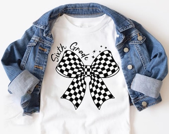 Sixth Grade Checkered Bow Svg Png, Retro Checker Bow Middle School Tee, First Day of School Gift, Teacher Team Shirts, Teacher Shirt Svg Png