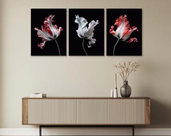 Set papegaaitulpenprint – drieluik met donkere bloemen, botanische muurkunst (digitale download)