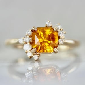 18K Mimosa Orange Sapphire Ring | Radiant Cut Lab Sapphire with Diamond Accents in Solid Gold | Statement Fine Jewelry Gift for her, Dainty