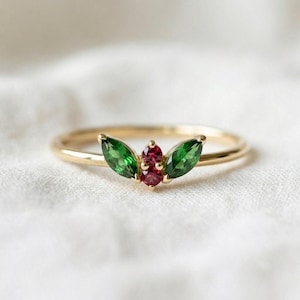 14K Gold Ruby Emerald Ring | Dainty Gemstone Cluster Band | July May Birthstone Ring | Leaf Inspired Minimalist Jewelry | Gift for Her