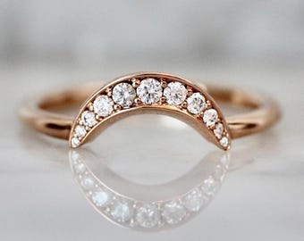 14k Rose Gold Diamond Crescent Moon Ring | Handmade Celestial Jewelry |Engagement Ring, Gift for her