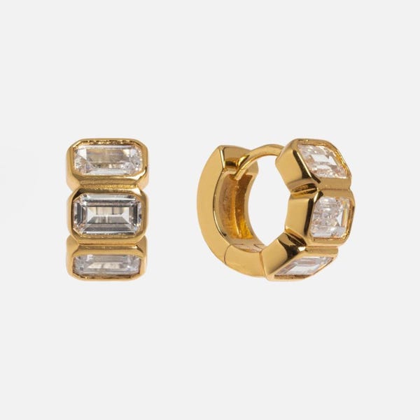 10k Solid Gold Baguette Diamond Mini Huggie Hoop Earrings – Dainty Minimalist Stacking Earrings, Celestial Gold Hoops, Gift for Her