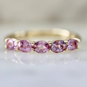 Pink Sapphire 14K Gold Band Ring | East West Oval Cut | Minimalist Dainty Stacking Engagement Ring, Fine Jewelry Gift For her