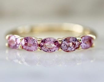 Pink Sapphire 14K Gold Band Ring | East West Oval Cut | Minimalist Dainty Stacking Engagement Ring, Fine Jewelry Gift For her