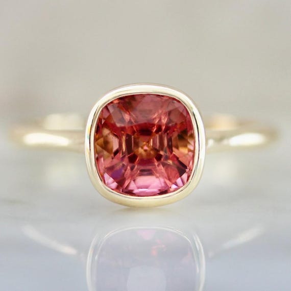 18K Gold Lab Tourmaline Ring | Pink Peach Cushion Cut Fine Jewelry | Minimalist Dainty Stacking Engagement Ring, Fine Jewelry Gift For her