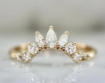 Tiara de diamantes de 14 quilates / Anillo apilable de pera, marquesa y redondo / Anillo de compromiso apilable minimalista y delicado, regalo de joyería fina para ella