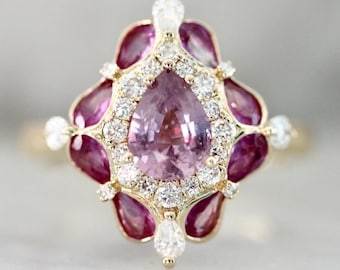 14k Pear Lab Montana Sapphire Ring | Diamond Halo, Pink Sapphire Accent, |Engagement Ring, Gift for her