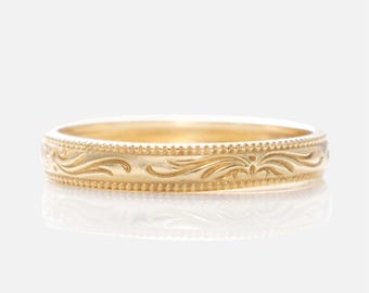 14K Solid Gold Filigree Ring | Vintage Carved Band | Minimalist Dainty Stacking Engagement Ring, Fine Jewelry Gift For her
