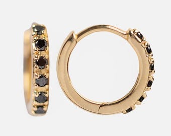 10K Gold Black Diamond Huggie Creolen | Mini Creolen jeden Tag Stacking Ohrringe |Verlobungsring, Geschenk für sie