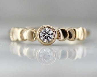 14K Gold Diamond Moon Phase Ring, Celestial Solitaire, Engraved Jewelry |Engagement Ring, Gift for her