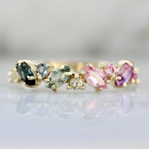 14K Gold Confetti Sapphire Ring | Marquise & Round Stacking Band | Minimalist Dainty Stacking Engagement Ring, Fine Jewelry Gift For her