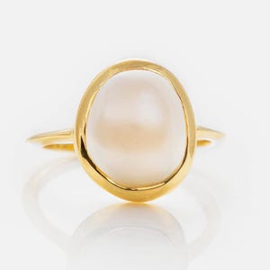 14K Gold Vermeil Pearl Ring | Minimalist Bezel Band | Minimalist Dainty Stacking Engagement Ring, Fine Jewelry Gift For her
