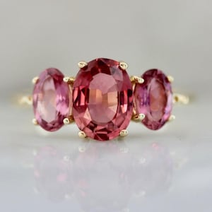 14K Oval Trinity Pink Tourmaline Trilogy Ring in Solid Gold | Three Stone Engagement Ring | Fine Jewelry Gift for Her | Dainty Bridal Ring