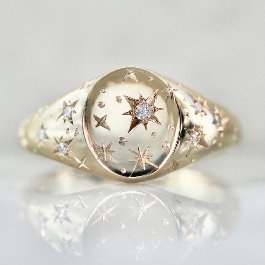 14K Orion Star Engraved Celestial Diamond Signet Ring, Solid Gold Signet, Unique Celestial Jewelry, Dainty Fine jewelry, Ring Gift for Her
