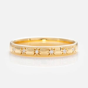14K Solid Gold Star Set Diamond Band | Minimalist Stackable Ring | Dainty Engagement Ring | Celestial Fine Jewelry Gift for Her