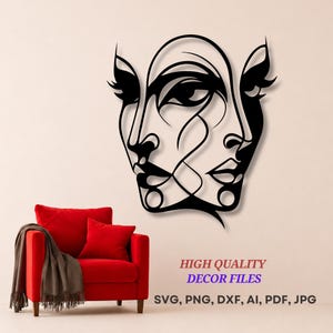 May include: Black metal wall art featuring two faces in a continuous line design. The artwork is mounted on a beige wall. Text on the image reads "HIGH QUALITY DECOR FILES" and lists file formats: SVG, PNG, DXF, AI, PDF, JPG.