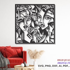 May include: A square black metal wall art piece featuring an abstract design of two faces with geometric lines and cutouts. The text in the bottom right corner reads HIGH QUALITY DIGITAL FILES SVG, PNG, DXF, AI, PDF, JPG in red and blue.