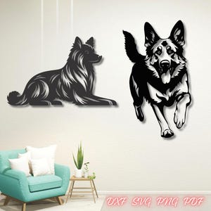 May include: Two black metal dog silhouettes. One dog is lying down, the other is running. The running dog has its tongue out. The text "DXF SVG PNG PDF" is at the bottom of the image.