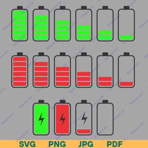 Puede incluir: Iconos de batería que muestran diferentes niveles de carga, desde verde lleno hasta gris vacío. Algunos iconos muestran un rayo, indicando la carga. También incluye el texto "SVG PNG JPG PDF".
