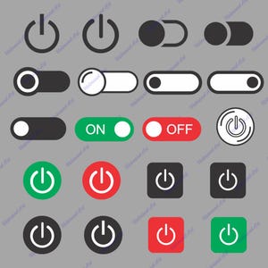 May include: A collection of power button icons in various styles. Includes circular, toggle, and square designs. Some buttons are black, white, red, or green, with "ON" and "OFF" text. The background is a solid gray.