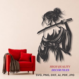 May include: Black metal wall art of a woman with a sword over her shoulder. The silhouette shows a woman with her hair in a bun, wearing a kimono. The image includes the text "HIGH QUALITY DECOR FILES" and lists file formats.