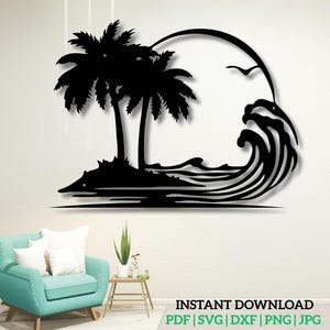 May include: Black metal wall art depicting a tropical island scene. The silhouette features palm trees, ocean waves, a bird, and a sun. The words "INSTANT DOWNLOAD" and file type options are at the bottom.