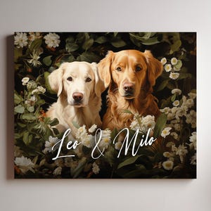 Family Floral Pet Portrait, Personalized Floral Dog Portrait, Custom Spring Pet Portrait from Photo, Flower Crown Portrait for Pet, Dog Gift
