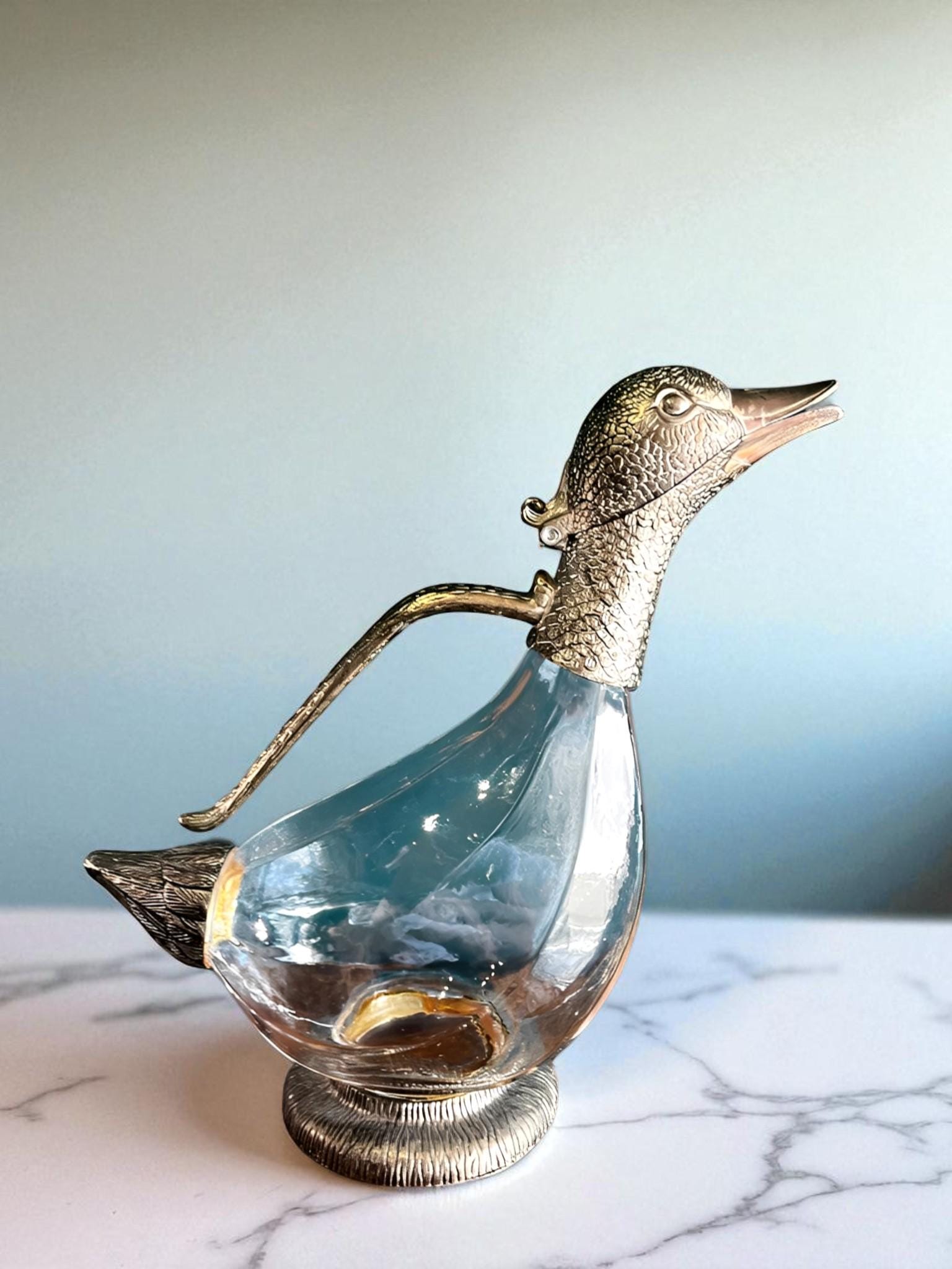 ヴィンテージダックワインデキャンタ - ガラス＆シルバー装飾