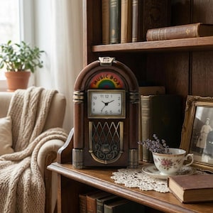 May include: A brown, retro-style clock in the shape of a jukebox, with the words "MUSIC BOX" above the clock face. The clock has a square face with black numbers and hands. The clock is on a wooden surface, with books and a teacup nearby.