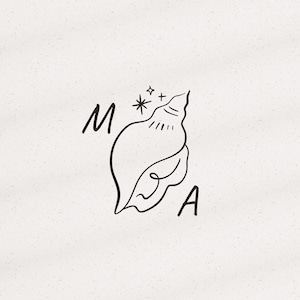 May include: A black line art illustration of a seashell centered on a light background. The letter M is positioned to the left of the shell, and the letter A is to the right. Two small four-pointed star symbols are located above the seashell.