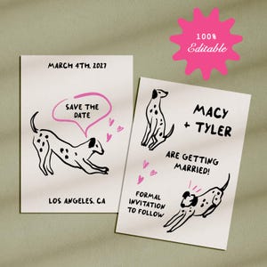 Plantilla para guardar la fecha de boda de perro, corazones, invitación Cottage Core, papelería dibujada a mano, animales, dálmata, novia moderna, digital