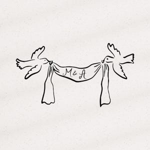 May include: A black line drawing on a light background featuring two birds facing each other, each holding one end of a draped banner in their beaks. The banner has two long fabric tails hanging down and the letters M & A written in the centre.