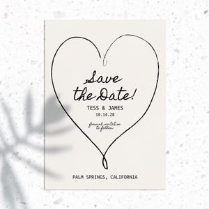 Editable Heart Wedding Save the Date Template, Whimsical Invite, Hand Drawn Illustration, Romantic, Digital download, Valentine&#39;s Invitation