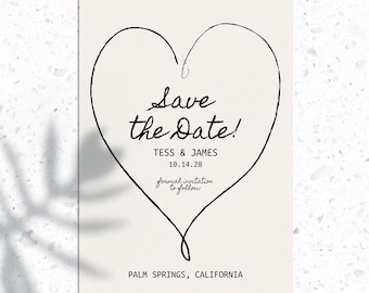 Editable Heart Wedding Save the Date Template, Whimsical Invite, Hand Drawn Illustration, Romantic, Digital download, Valentine&#39;s Invitation