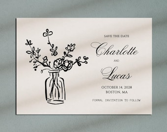 Editable Hand Drawn Floral Wedding Save the Date Template, Vintage Illustration, Whimsical, Classic, Digital Download, Invitation, Printable