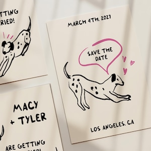 Könnte beinhalten: Hochzeitsankündigungskarten mit einer verspielten Dalmatiner-Illustration. Die Karten zeigen den Text "Save the Date" in einer rosa Sprechblase, das Datum "4. März 2027" und den Ort "Los Angeles, CA". Die Namen "Macy + Tyler" sind ebenfalls abgebildet.