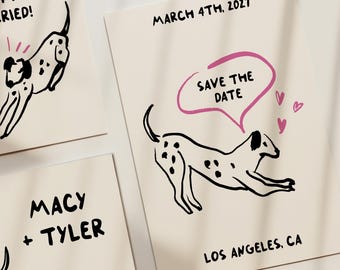 Dog Wedding Save the Date, Puppy Drawing, Illustration, Hand Drawn, Dalmatian, Hearts, Printable, Affordable, Digital Download, Animal, Chic