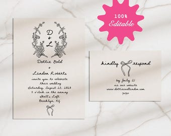 Blumenhochzeitseinladung, druckbare Vorlage, French Chic, Organisch, digitaler Download, rustikal, Schleife, wunderlich, Gartenparty, Handgezeichnet