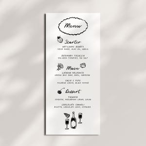 Cardápio editável desenhado à mão, modelo de convite para jantar 4x9, convite com caligrafia, caprichoso, casamento francês, estilo italiano, bebidas, sobremesa, diversão