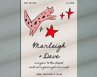 Cat Save the Date, Editable Printable Wedding Template, Hand Drawn Illustration