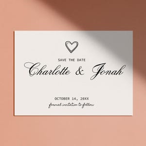Editable Hand Drawn Wedding Save the Date Template, Vintage Heart Illustration, Modern Style, Digital Download, Pink, Valentine&#39;s Bride