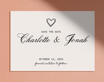 Editable Hand Drawn Wedding Save the Date Template, Vintage Heart Illustration, Modern Style, Digital Download, Pink, Valentine&#39;s Bride