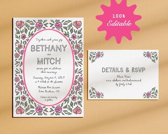 Floral Wedding Invitation, Printable Template, Wedding Suite, Hand Drawn Flowers, Affordable, Cute, Digital Download, Colorful, Fun, Bright