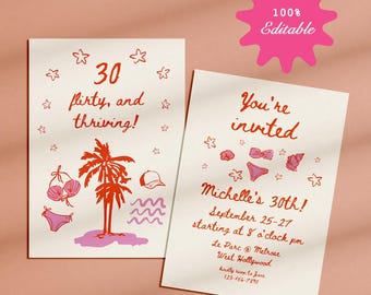 30 Flirty & Thriving Birthday Party Invite Template, Bachelorette Party, 30th Birthday, Whimsical, Funky, Hand Drawn, Handwritten, Digital